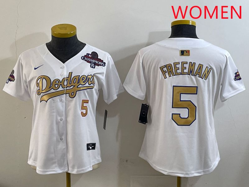 Women Los Angeles Dodgers 5 Freeman White Champion gold character 2025 Nike MLB Jersey style 4